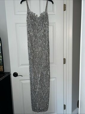 Aidan Mattox long Silver Beaded Spaghetti-Strap Evening Dress